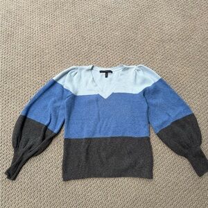 White House Black Market Blue and Gray V-Neck Sweater